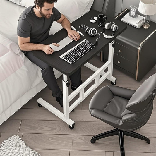 Guy & Dia Adjustable Height Rolling Table with Wheels - Heavy-Duty Folding Desk, Storage Shelf & Wood/Metal Frame, Space-Saving Mobile Workstation for Office, Bedside, Dorm, Small Spaces - Easy Assembly (No Tools), White/Mixed Color