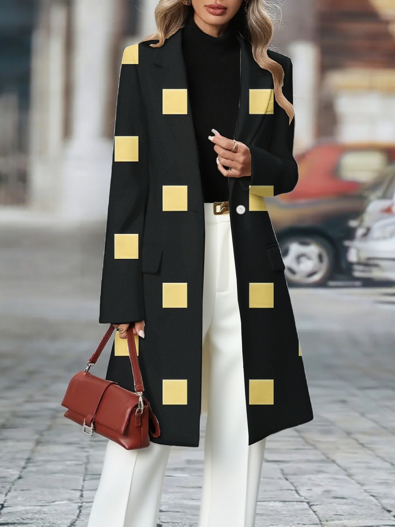 Guy & Dia Plus Size Women's Oversized Long Blazer Jacket - All-Black with Mustard Yellow & Button Front, Golden-Tone Belt-Like Waist Accent (No Belt), Machine Washable Work to Casual Outerwear, Loose Fit Tailored Blazer Coat