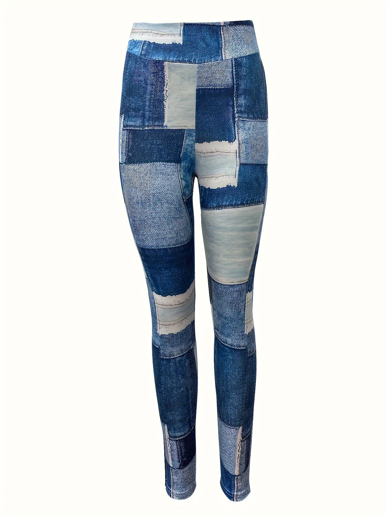 Guy & Dia Women'S Plus Size High-Waist Denim Print Leggings with Patchwork Design - Stretchy & Comfortable Fitness & Training Pants for All Seasons, Casual Wear|Highwaist Design|Stylish Jeans, Plus Size Pants