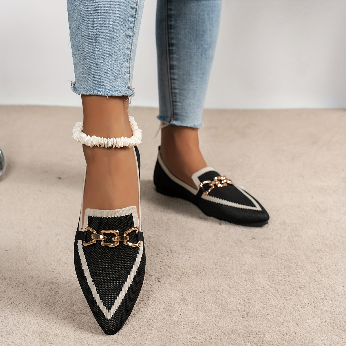 Guy & Dia Women's Elegant Pointed Flat Shoes with Golden Buckle Strap - Slip-Resistant Comfortable Slip-On/Lace-Up Design, Breathable Fabric Upper & Arch Support, Black & White Striped Casual to Semi-Formal Shoes for All-Season Wear (W