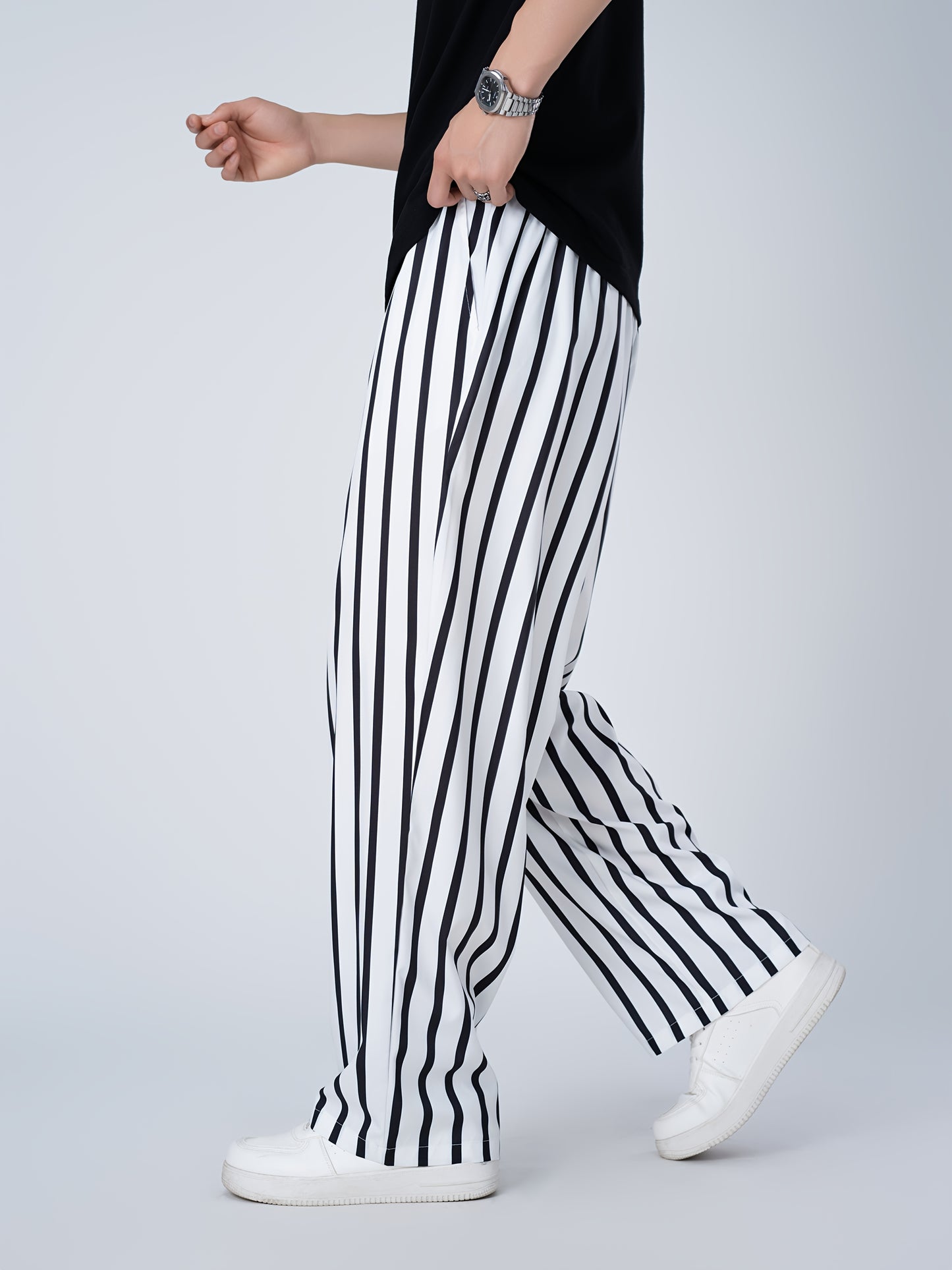 Guy & Dia Plus Size Men's Loose Fit Joggers with Black & White Stripes - Elastic Waistband Casual Sportswear Pants, Machine Washable Non-Stretch Fabric for Gym, Lounge & Casual Attire, Jogging Pants, Gym Apparel, Nontransparent Material