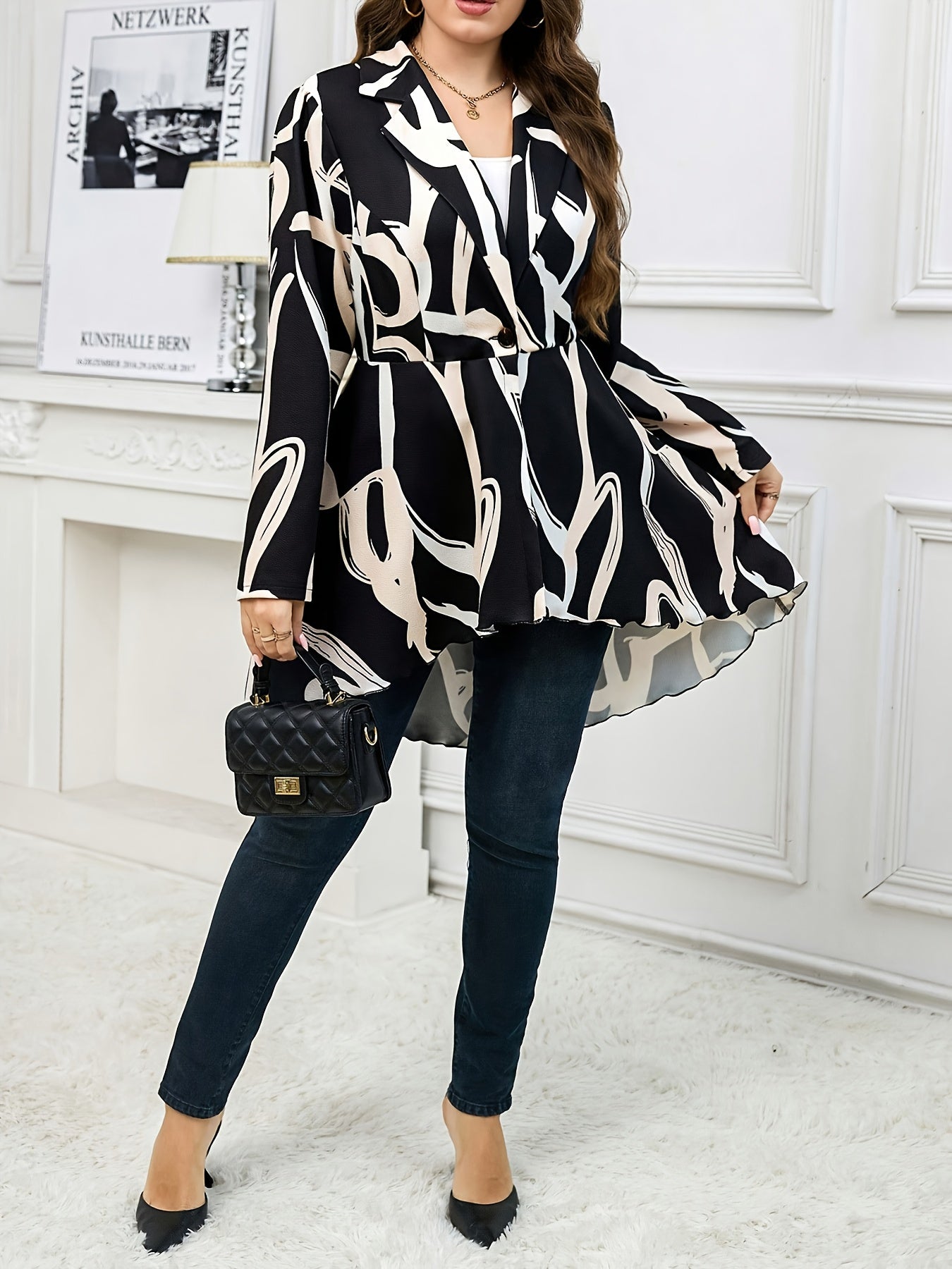 Guy & Dia Plus Size - Women'S Blazer - Elegant Office & Party Coat with Structured Non-Stretch Fabric, Black & White Geometric Pattern, Formal to Casual Outerwear for Fall/Winter Events, Professional Attire, Sophisticated Look, Quality Stitching, Styli