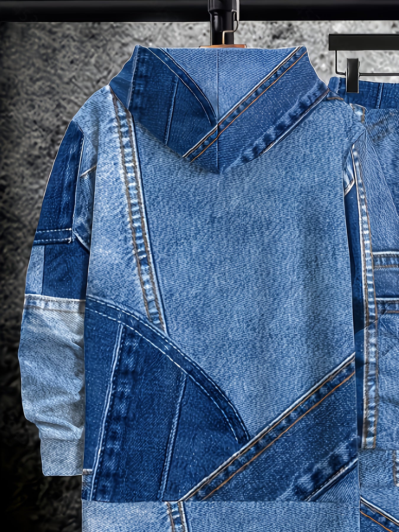 Guy & Dia 2pcs Set Men's Oversized Hoodie & Pants Set - Imitation Denim Patchwork Print (Blue/Denim) Wrinkle-Resistant Polyester, Oversized Jeans-Like Jogger Suit, Machine Washable Casual Streetwear Matching Outfit for Fall Winter Daily Wear, PLUS SIZE