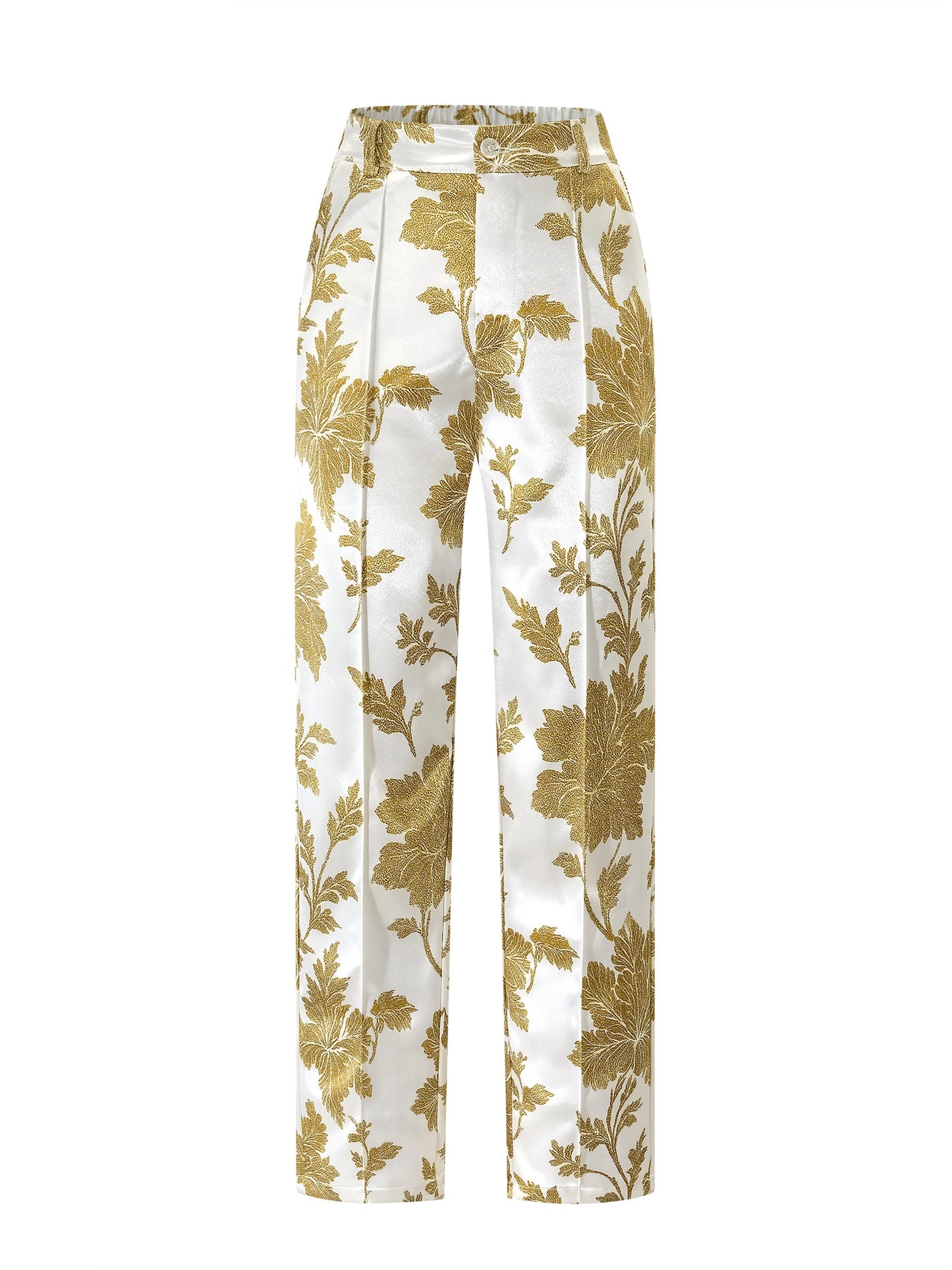 Guy & Dia Women's Luxurious Satin Trousers - Elegant White & Golden Floral Print Wide-Leg Pants with Built-In Zipper, Smooth Full-Length Formal/Office/Wedding Wear, Pockets - Hand Washable Non-Stretch Tailored Suit (No Belt), Formal Pants For Women