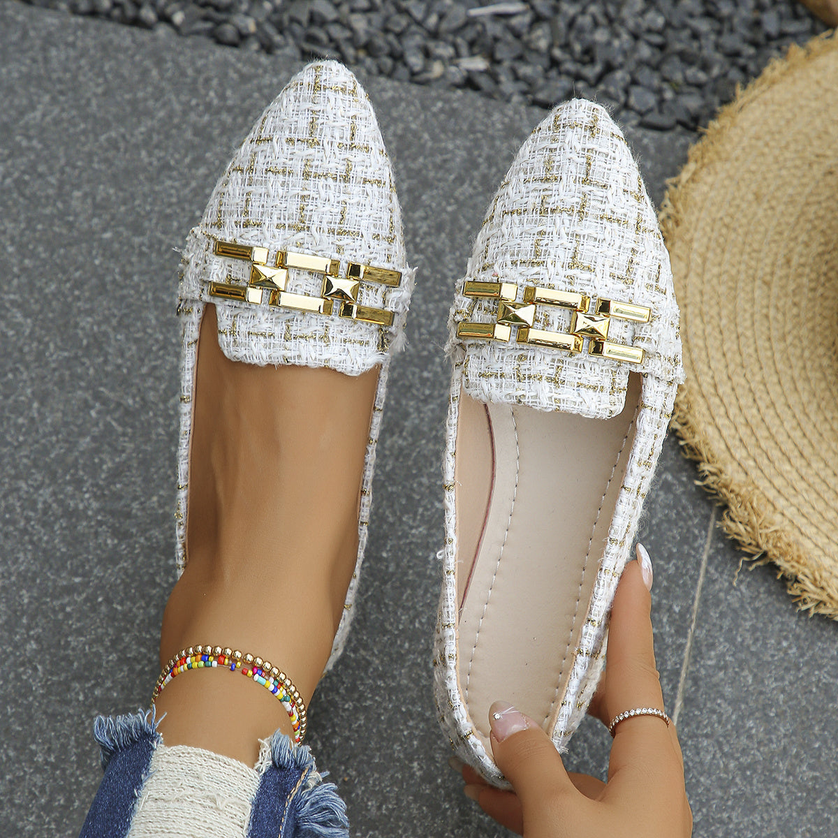 Guy & Dia Women'S Lightweight Slip-On Loafers - Soft Fabric Upper with Golden Buckle Straps, Pointed Toe, Comfortable Rubber Sole for Casual & Formal Wear, White, Ladies Shoes