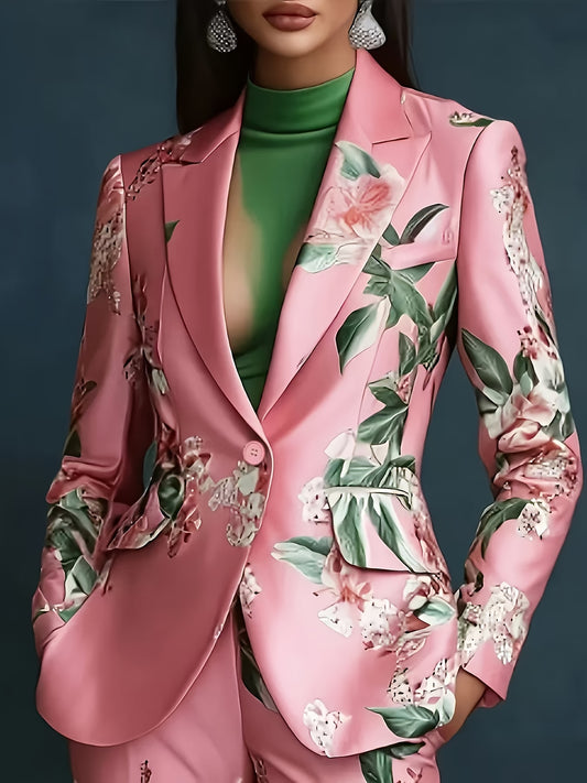 Guy & Dia Elegant Pink Floral Print Blazer for Women Plus Size - Professional Suit Jacket with Collar, Machine Washable - Seasonal Red and Green Floral Set Ideal for Business Attire or Wedding, Elegant and Chic Women's Suits