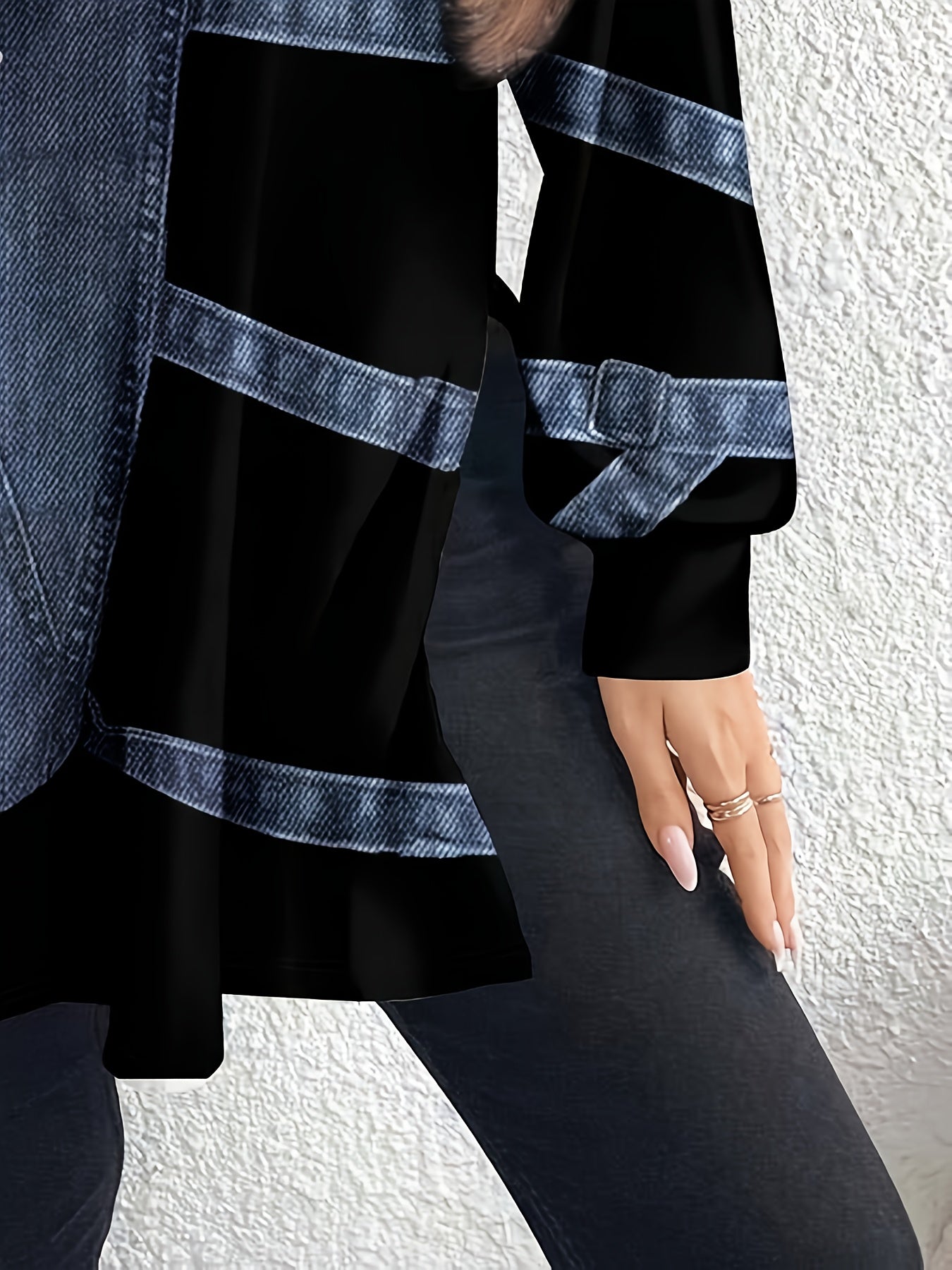 Guy & Dia [Denim Print/Imitation Denim] 's Elegant High-Neck Long Sleeve T-Shirt with Imitation Denim Print & Slit Hem - All-Over White Button-like Panel Jacket-like Collar, Wrinkle-Resistant Blue Wash, Machine Washable Casual to Semi-Formal Blouse