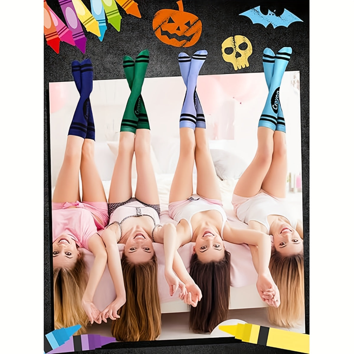 Guy & Dia 4/8 Pairs Halloween Crayon Socks, Colorful Striped Over-the-Knee Socks, Fashionable Novel Creative Light Beige-Friendly Soft Tight Socks for Women