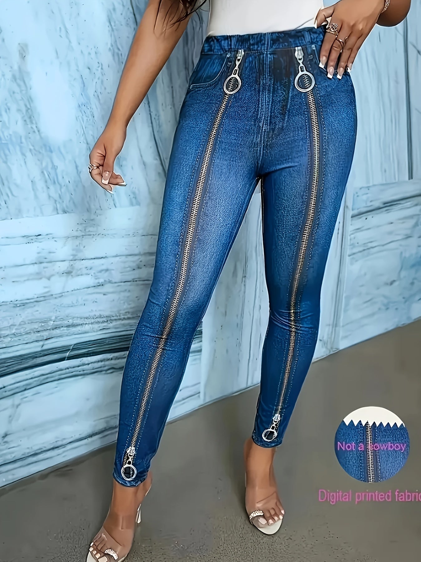 Guy & Dia [Denim Print/Imitation Denim] Plus Size Women's Slim-Fit Imitation Denim Leggings - Digital Print Cat-Ear Waist Design, Stretchy All-Season Machine Washable Pants for Casual & Formal Outfits, Stylish Layered Over Jeans, Flattering Silhouette