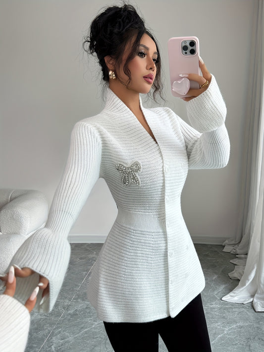 Guy & Dia Plus Size, Women's Fashion Winter Deer Plush Sweater Cardigan Solid Color Elegant Waist-Cinched V-Neck Double-Breasted Button Bead Decor Loose Casual Oversized Top