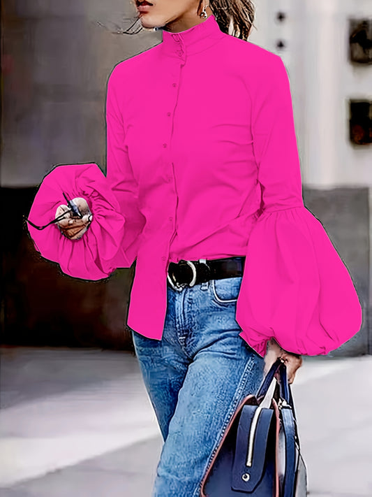 Guy & Dia Urban Chic Women'S High-Neck Blouse with Fluffy Sleeves - Slim Fit, Long-Sleeve, Button-Up Shirt in Solid White - Perfect for Casual or Office Wear