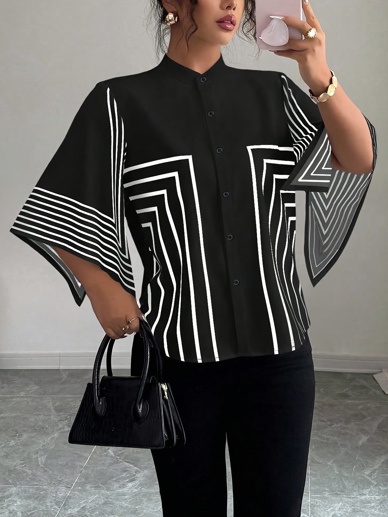 Guy & Dia Plus Size, Women's Oversized Geometric Pattern Collar Blouse - Structured Stand-Up Collar Longline Top with White/Black/Gray/Beige/ Brown, Button Front Closure, Machine Washable Casual to Formal Shirt for Spring/Fall Everyday & Formal Wear