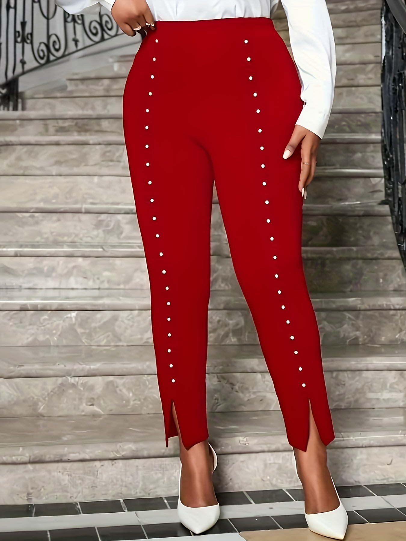 Guy & Dia Women's Elegant Pearl-Embellished Side Slit Tight-Fit Capri Pants - Solid Black Stretchy Mid-Stretch Fabric for Spring Summer Fall Casual Outings, Seasonal Fashion Wear | Highelasticity Fabric, Cute Pants