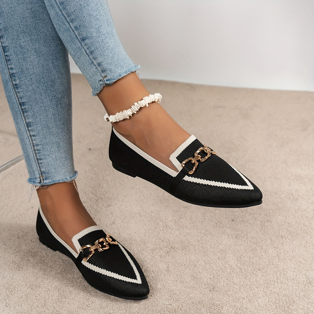 Guy & Dia Women's Elegant Pointed Flat Shoes with Golden Buckle Strap - Slip-Resistant Comfortable Slip-On/Lace-Up Design, Breathable Fabric Upper & Arch Support, Black & White Striped Casual to Semi-Formal Shoes for All-Season Wear (W