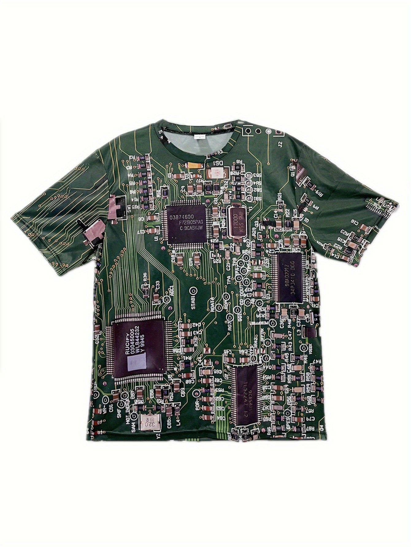 Guy & Dia Summer Circuit Board Print Men's Stretch Round Neck Tee Shirt, Casual Street Style T-shirt