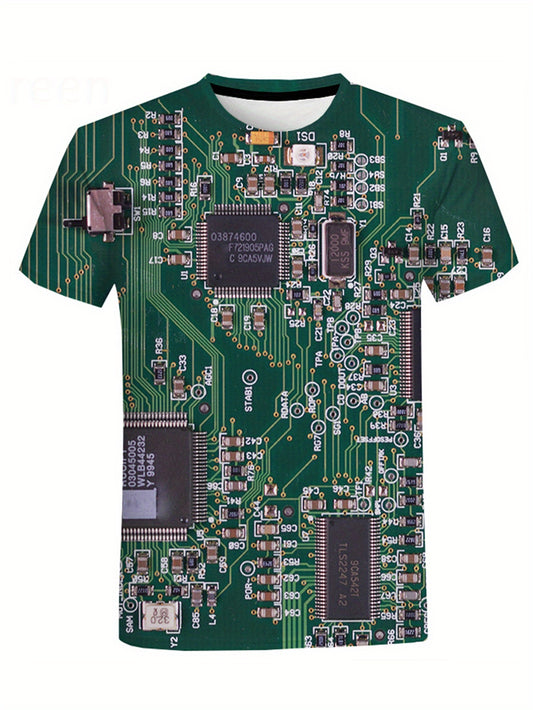 Guy & Dia Summer Circuit Board Print Men's Stretch Round Neck Tee Shirt, Casual Street Style T-shirt