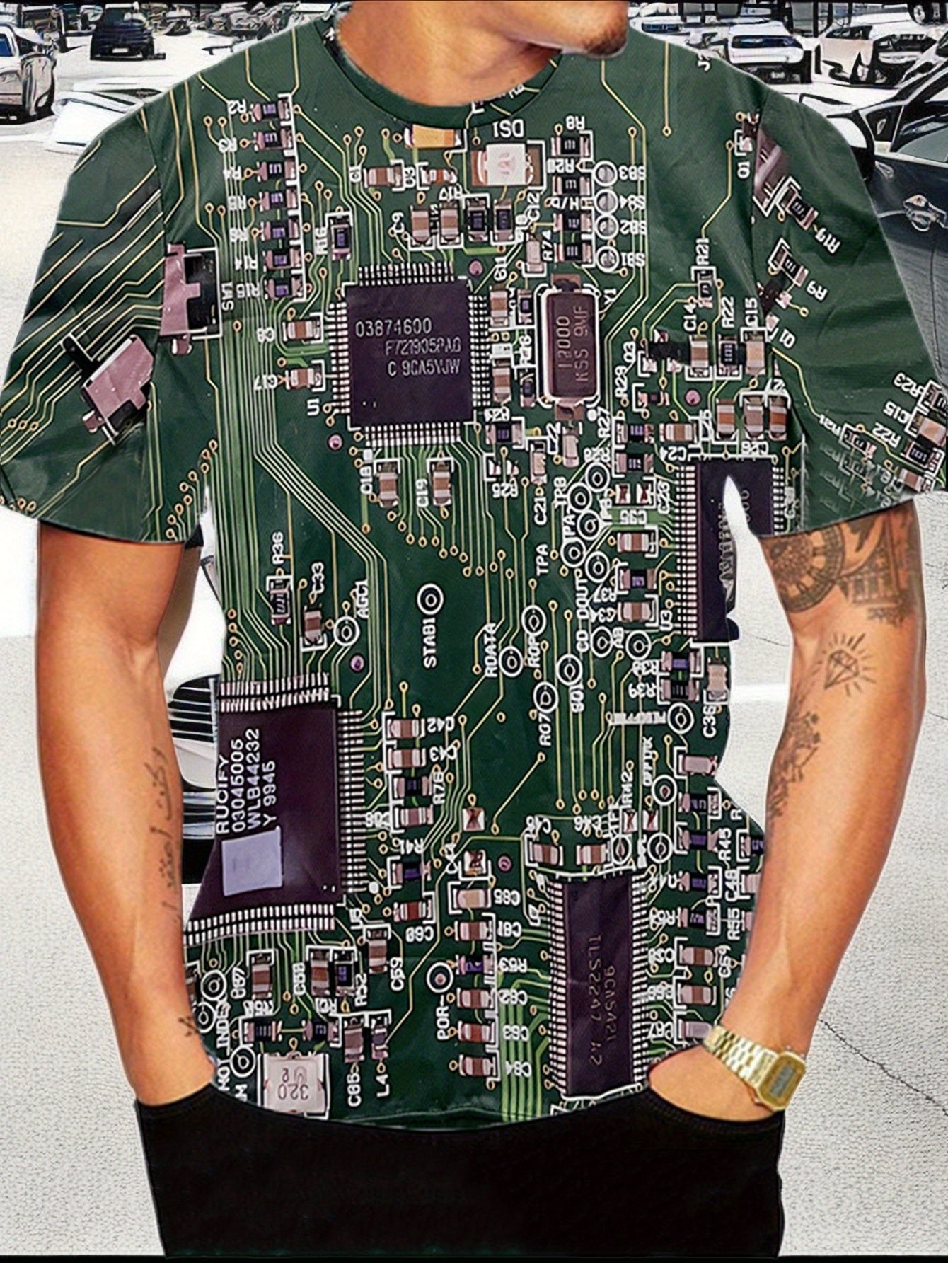 Guy & Dia Summer Circuit Board Print Men's Stretch Round Neck Tee Shirt, Casual Street Style T-shirt