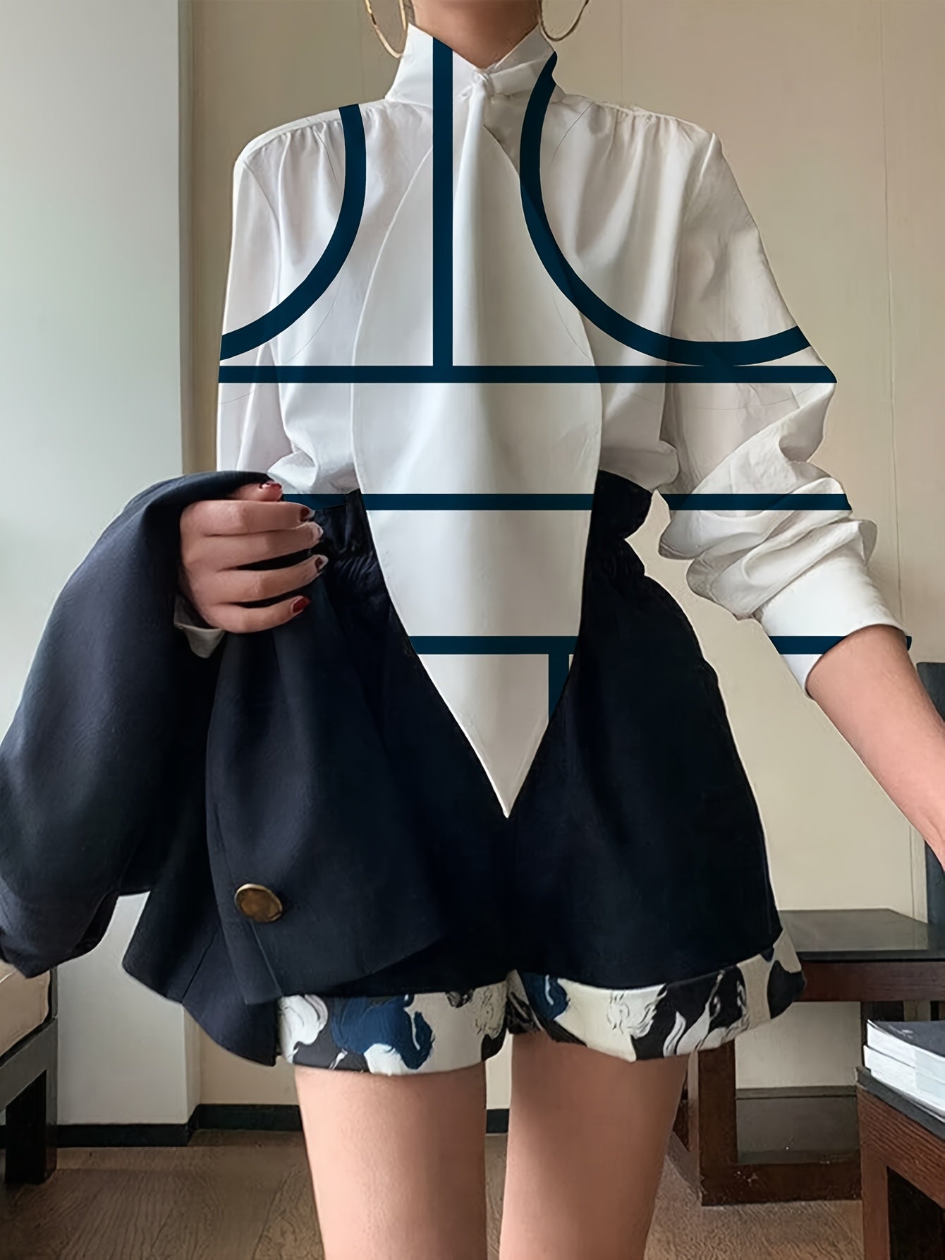 Guy & Dia Plus Size, Plus Size Women's Elegant White Oversized Long Sleeve Blouse with Black & Navy Blue Geometric Bow Tie Collar - Semi-Sheer Stand Collar Shirt, All-Season Versatile Top for Casual & Formal Wear (Hand Washable)