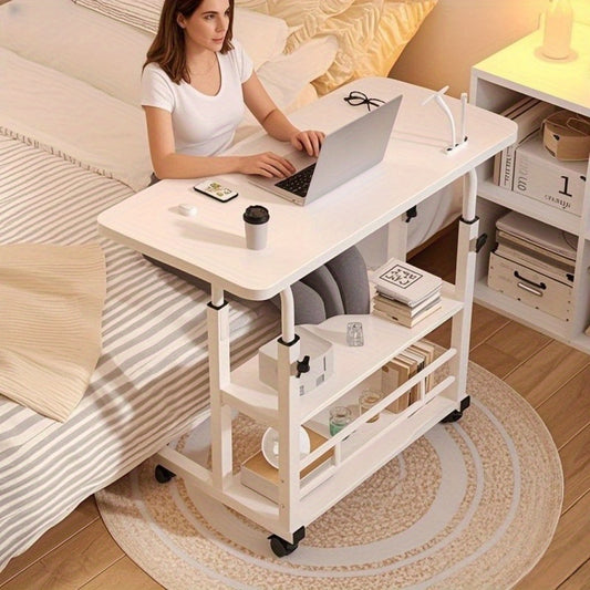 Guy & Dia Adjustable Height Rolling Table with Wheels - Heavy-Duty Folding Desk, Storage Shelf & Wood/Metal Frame, Space-Saving Mobile Workstation for Office, Bedside, Dorm, Small Spaces - Easy Assembly (No Tools), White/Mixed Color