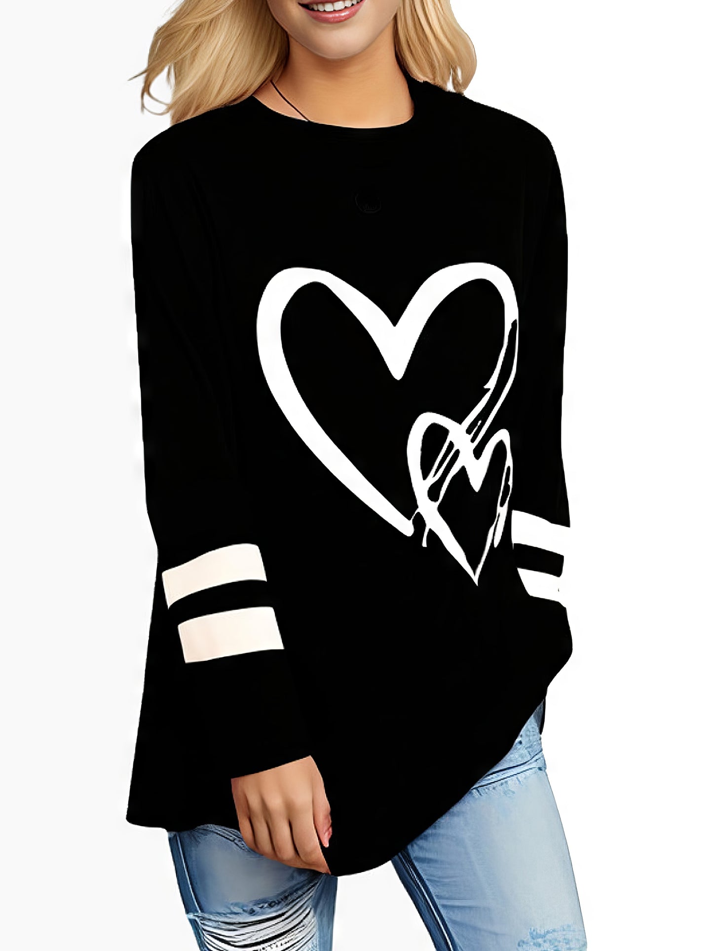 Guy & Dia Plus Size Long Sleeve Elegant Loose-Fit Heart Print Casual T-Shirt For Women, Polyester And Spandex Blend, Machine Washable