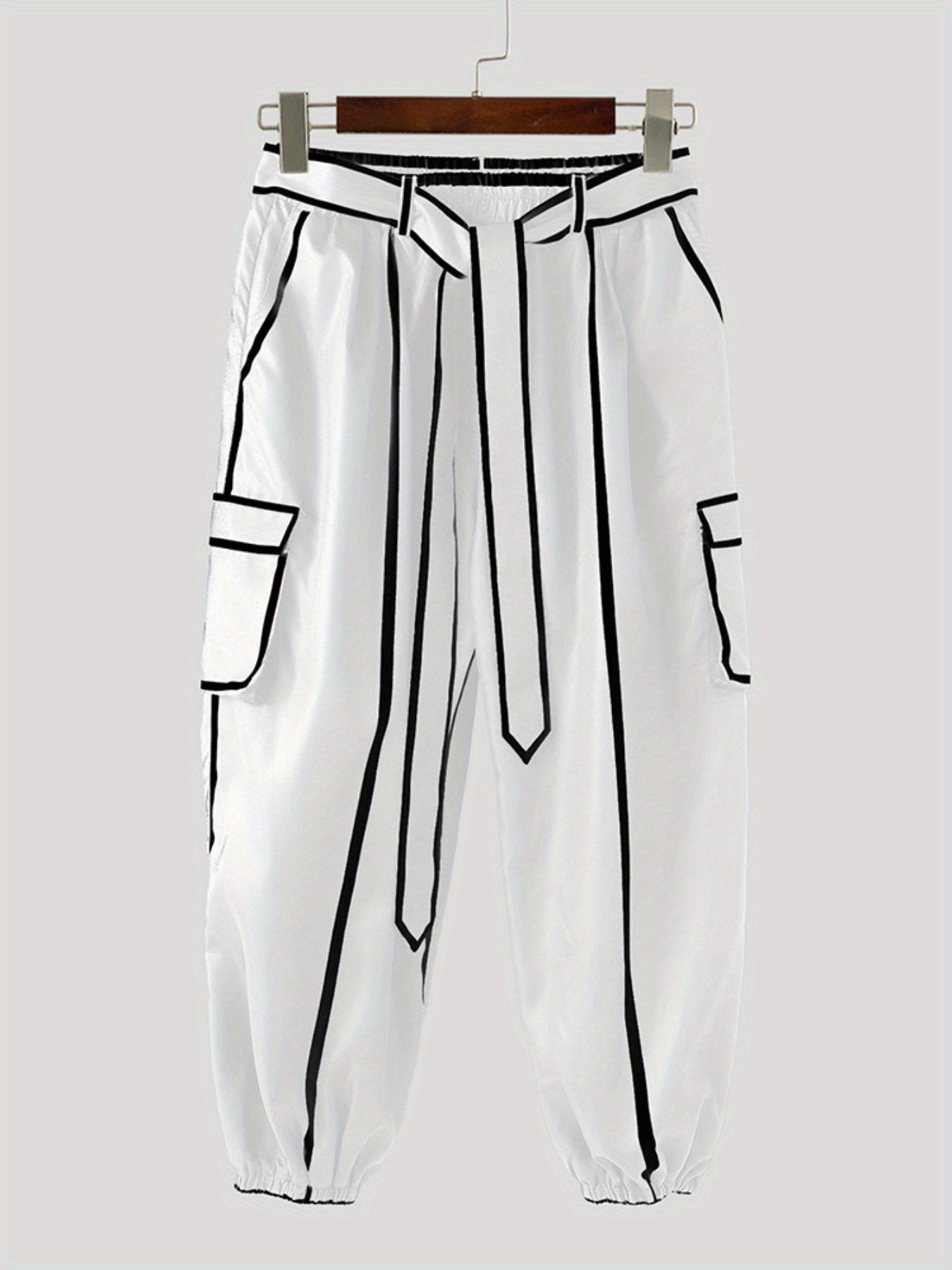 Guy & Dia INCERUN Men'S Streetwear Pants - Elastic Waist Lace-Up Baggy Trousers with Adjustable Drawstring, Lightweight Non-Stretch Fabric, White & Black Color Block Design for Urban Fashion, Concerts, Festivals - Casual Outfit Essentials, Concert Attire