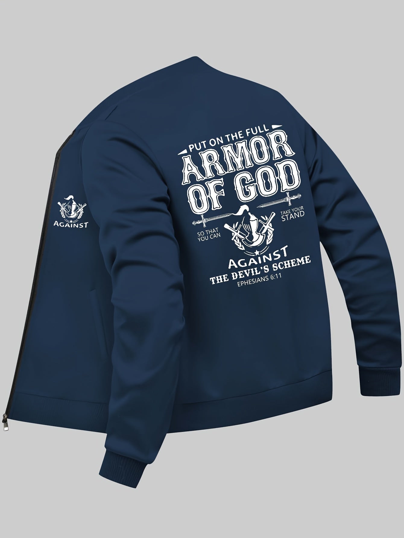 Guy & Dia English Text ARMOR OF GOD Pattern Print Men's Spring And Autumn College Style Jacket, Trendy Durable Versatile Stand Collar Coat Jacket For Men
