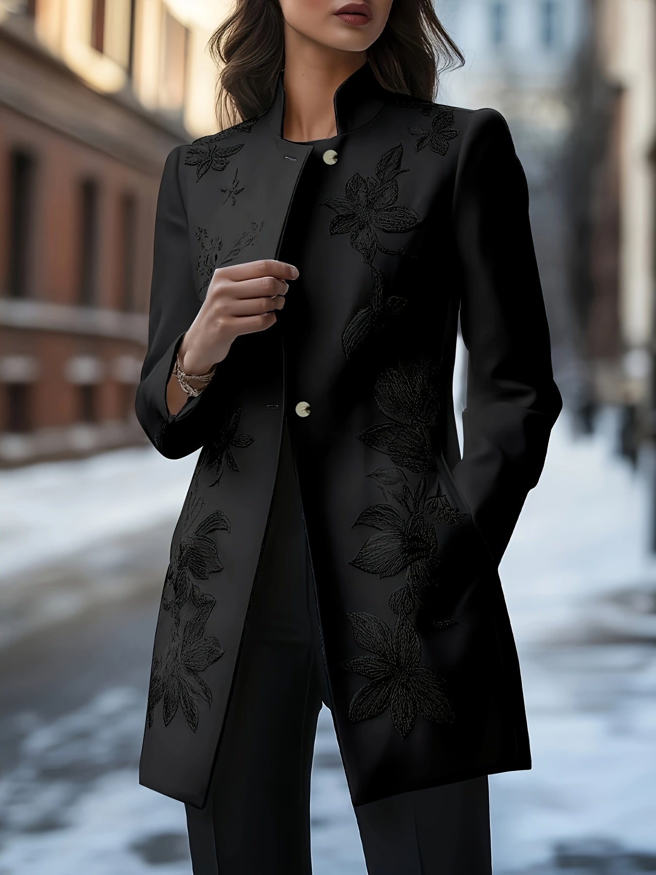 Guy & Dia Plus Size - Classic Appearance with a Collar, Embroidered Side Pockets Jacket, Floral Embroidery - Seasonless Professional Jacket - All Button Design, Sophisticated Accessories, Breathable Non-Stretch Jacket, Formal Blazer, Suit