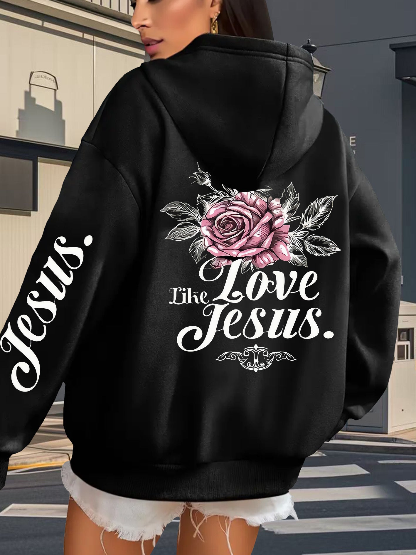 Guy & Dia Floral Print Fleece-Lined Hoodie | Women's "Jesus Like" Design with Pink Roses & White Lettering | Casual Loose Fit Pullover Sweatshirt for Fall/Winter | Relaxed Fit | Zippered Hoodie