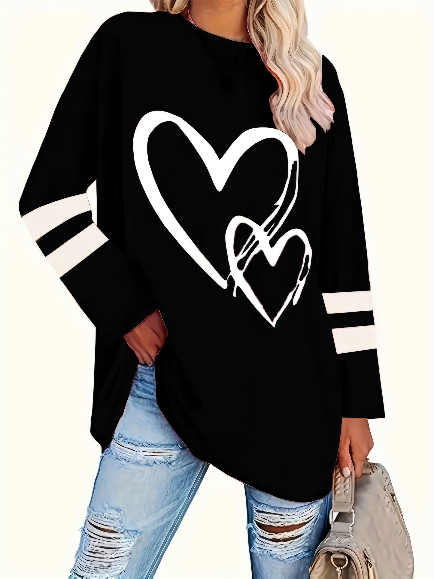 Guy & Dia Plus Size Long Sleeve Elegant Loose-Fit Heart Print Casual T-Shirt For Women, Polyester And Spandex Blend, Machine Washable