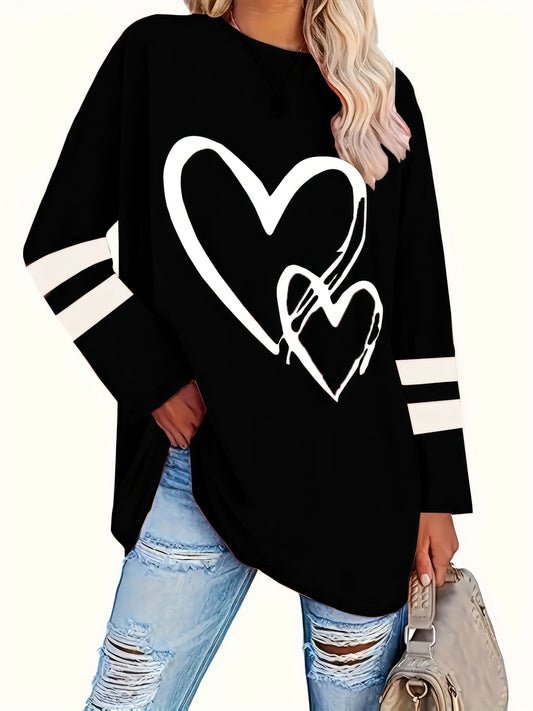 Guy & Dia Plus Size Long Sleeve Elegant Loose-Fit Heart Print Casual T-Shirt For Women, Polyester And Spandex Blend, Machine Washable