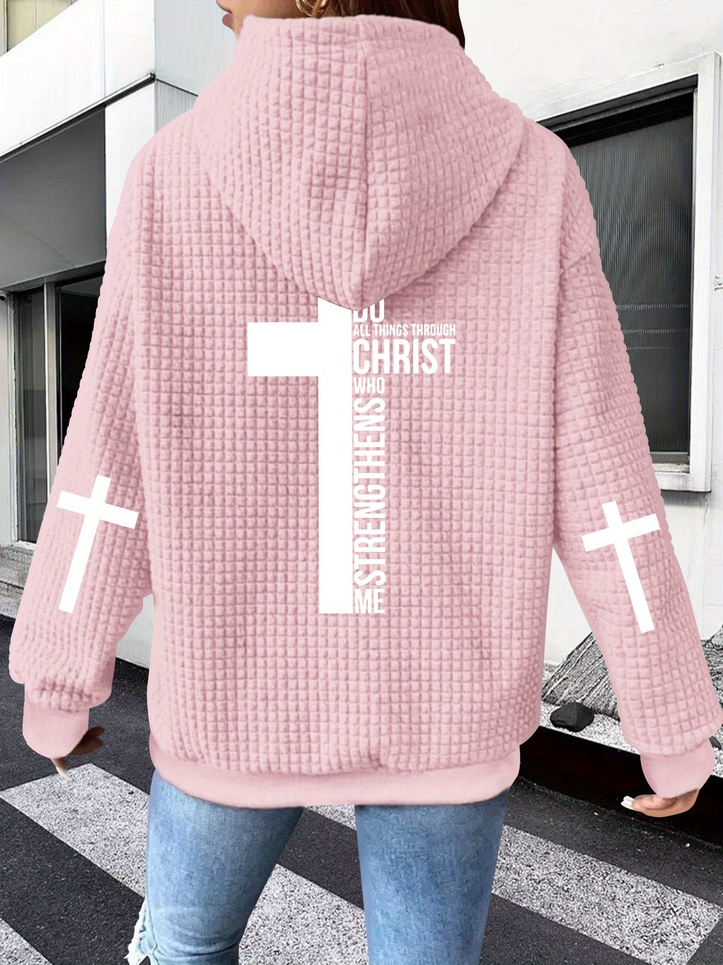 Guy & Dia Women'S Casual Waffle Zip-Up Hoodie with "GOD STRENGTHENS WHO TRIUMPHS" Letter Print & Cross Design - Machine Washable Polyester, Drawstring Hood, All-Season Comfort, Geometric Pattern, Waffle Texture, Comfortable Clothing, Trendy Sweatshirt