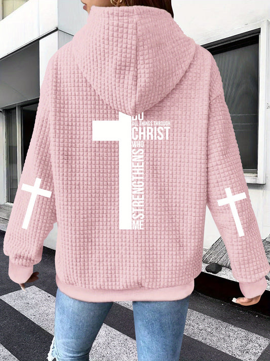 Guy & Dia Women'S Casual Waffle Zip-Up Hoodie with "GOD STRENGTHENS WHO TRIUMPHS" Letter Print & Cross Design - Machine Washable Polyester, Drawstring Hood, All-Season Comfort, Geometric Pattern, Waffle Texture, Comfortable Clothing, Trendy Sweatshirt