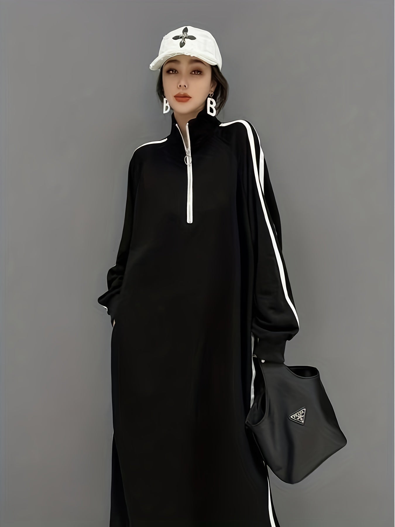 Guy & Dia Women's Plus Size Oversized Full-Length Hooded Sweatshirt Dress with Full-Zip Front Closure - Thick Warm Winter Coat Dress, A-Line Long Sleeve Casual Winter Outfit, Machine Washable Loose Fit Tunic for Everyday & Formal Events (Black/White Str