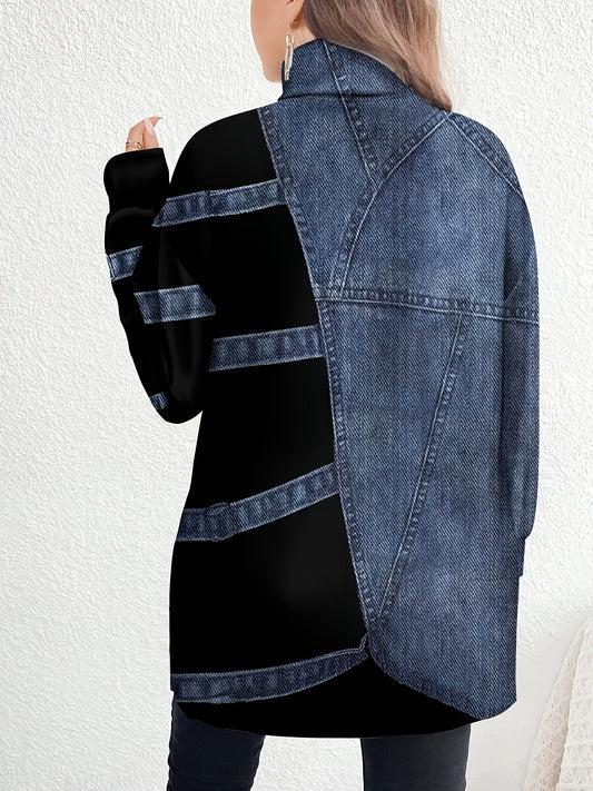 Guy & Dia [Denim Print/Imitation Denim] 's Elegant High-Neck Long Sleeve T-Shirt with Imitation Denim Print & Slit Hem - All-Over White Button-like Panel Jacket-like Collar, Wrinkle-Resistant Blue Wash, Machine Washable Casual to Semi-Formal Blouse