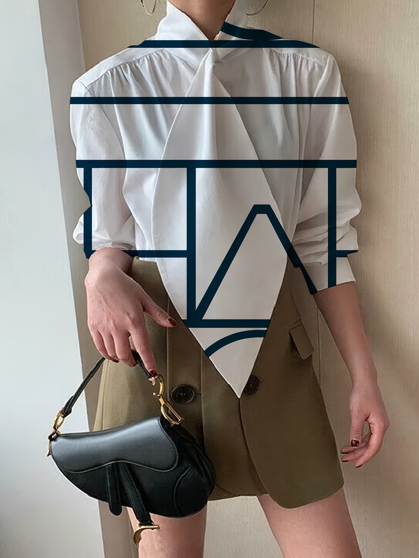 Guy & Dia Plus Size, Plus Size Women's Elegant White Oversized Long Sleeve Blouse with Black & Navy Blue Geometric Bow Tie Collar - Semi-Sheer Stand Collar Shirt, All-Season Versatile Top for Casual & Formal Wear (Hand Washable)