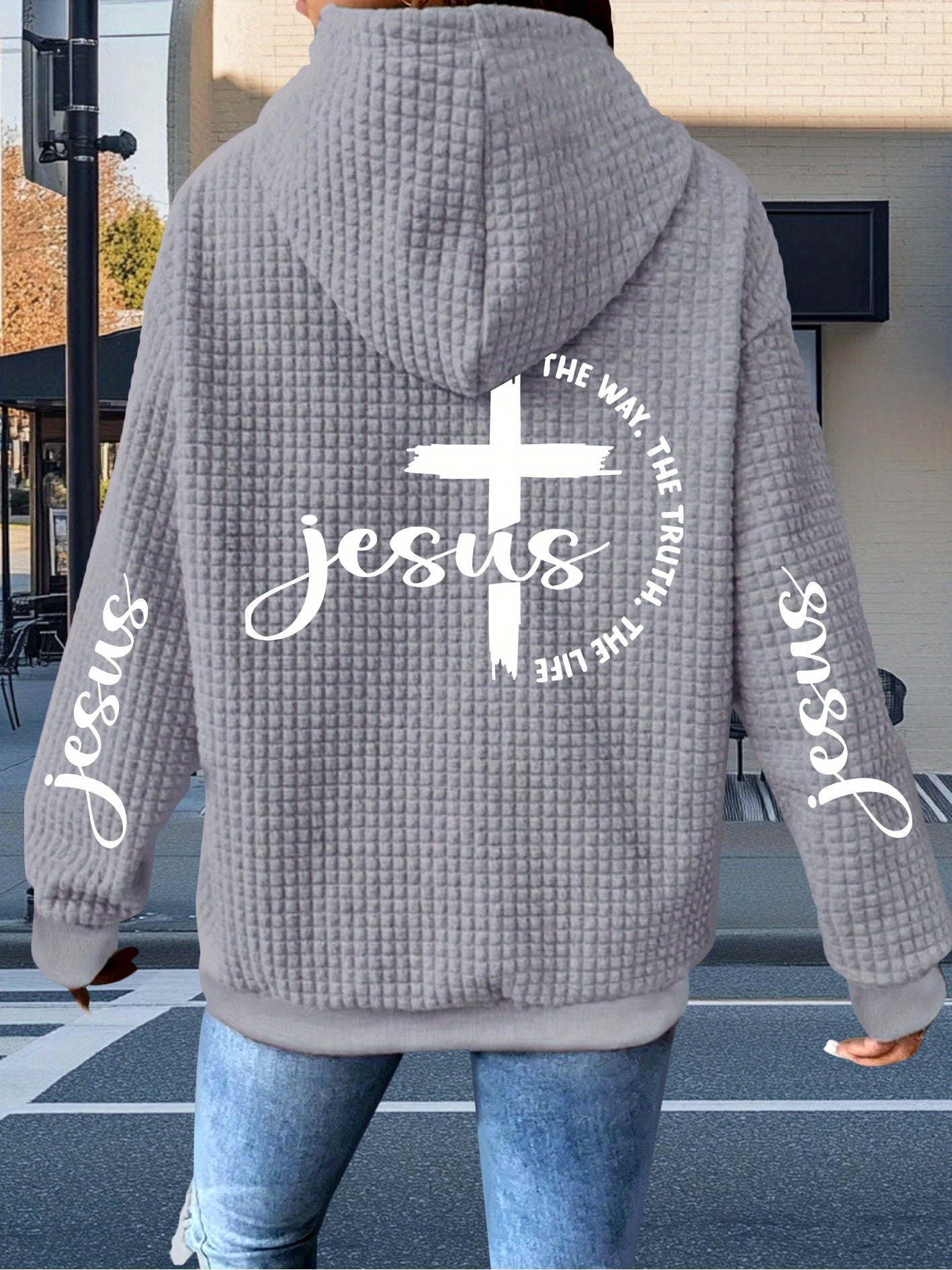 Guy & Dia Women's Zip-Up Hoodie - Black with White Lettering, Full-Zip Closure Hooded Sweatshirt, Machine Washable Polyester Pullover for Everyday & Formal Outfits - Christian Apparel, Religious Clothing, Casual Wear, Geometric Print, Comfo