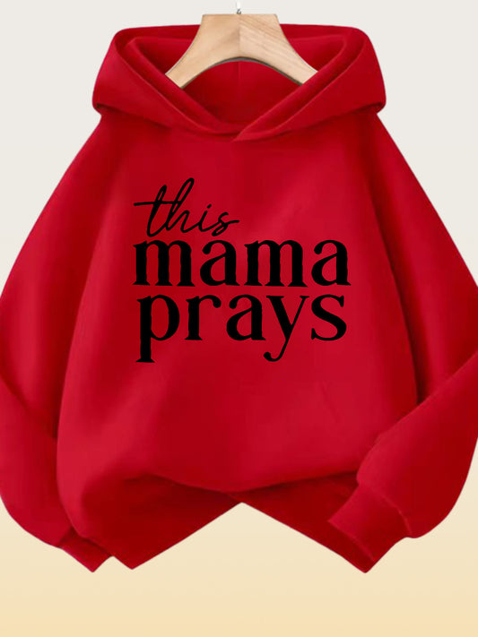 Guy & Dia "This Mama Prays" Hoodie, Religious Sweater with Hood, Machine Washable Polyester Pullover, Cozy Fall/Winter Outfits, Casual Christian Apparel, Comfortable Fit,Playful Text Design,Trendy Sweater, Durable Material,Faithbased Clothing Red