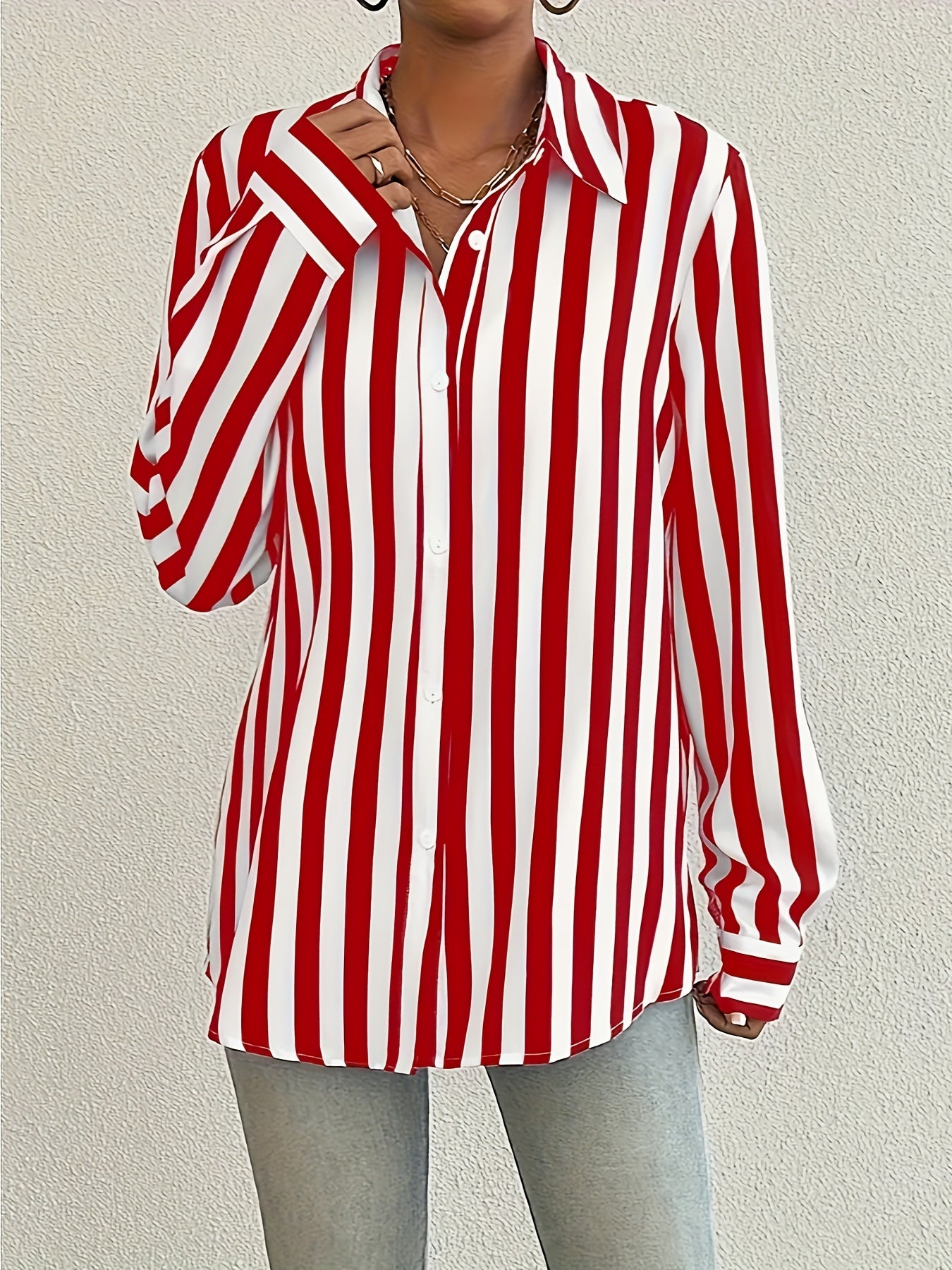 Guy & Dia Large Size Women's Striped Button Front Shirt Elegant Long Sleeve Turnover Shirt Ladies Clothing