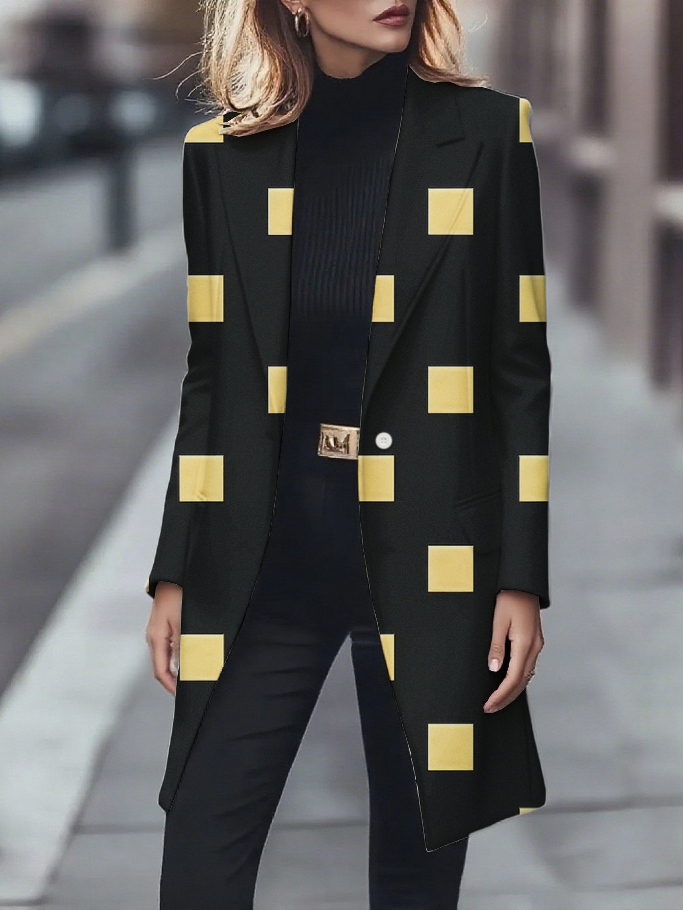 Guy & Dia Plus Size Women's Oversized Long Blazer Jacket - All-Black with Mustard Yellow & Button Front, Golden-Tone Belt-Like Waist Accent (No Belt), Machine Washable Work to Casual Outerwear, Loose Fit Tailored Blazer Coat