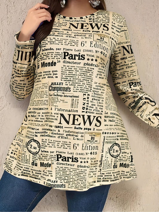 Guy & Dia Women's Plus Size Vintage Newspaper Print Blouse - Long Sleeve Round Neck Elegant Casual Top with Retro 1940s-70s Newspaper Design, Machine Washable & Wrinkle-Resistant Fabric, & Beige Retro Dress Shirt for Themed Events & Casual Attire, Sprin