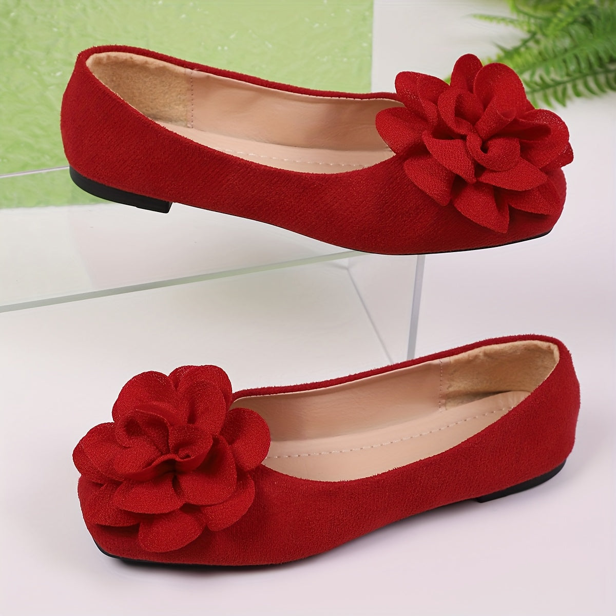 Guy & Dia Women's Plus Size Square Toe Flats - Red Floral Decorated Fabric Shoes with PU Lining & Rubber Sole, Spring Casual Comfortable Flats for Casual Attire