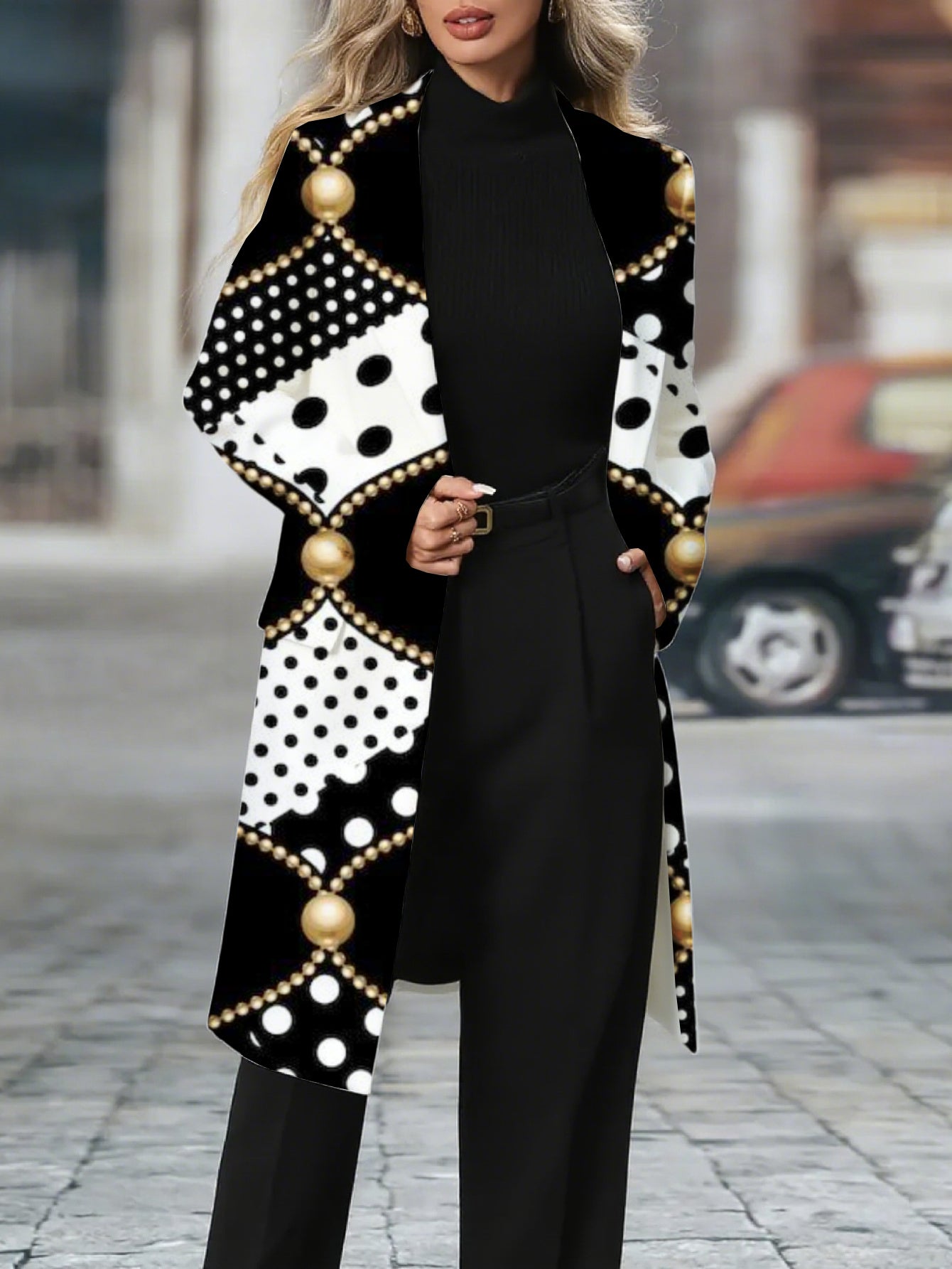 Guy & Dia Plus Size Women Blazer - Elegant Black and Gold Pattern Loose Fit Long Sleeve Single Button Closure Business Daily Outwear for Women (Office, Party, Casual Wear)