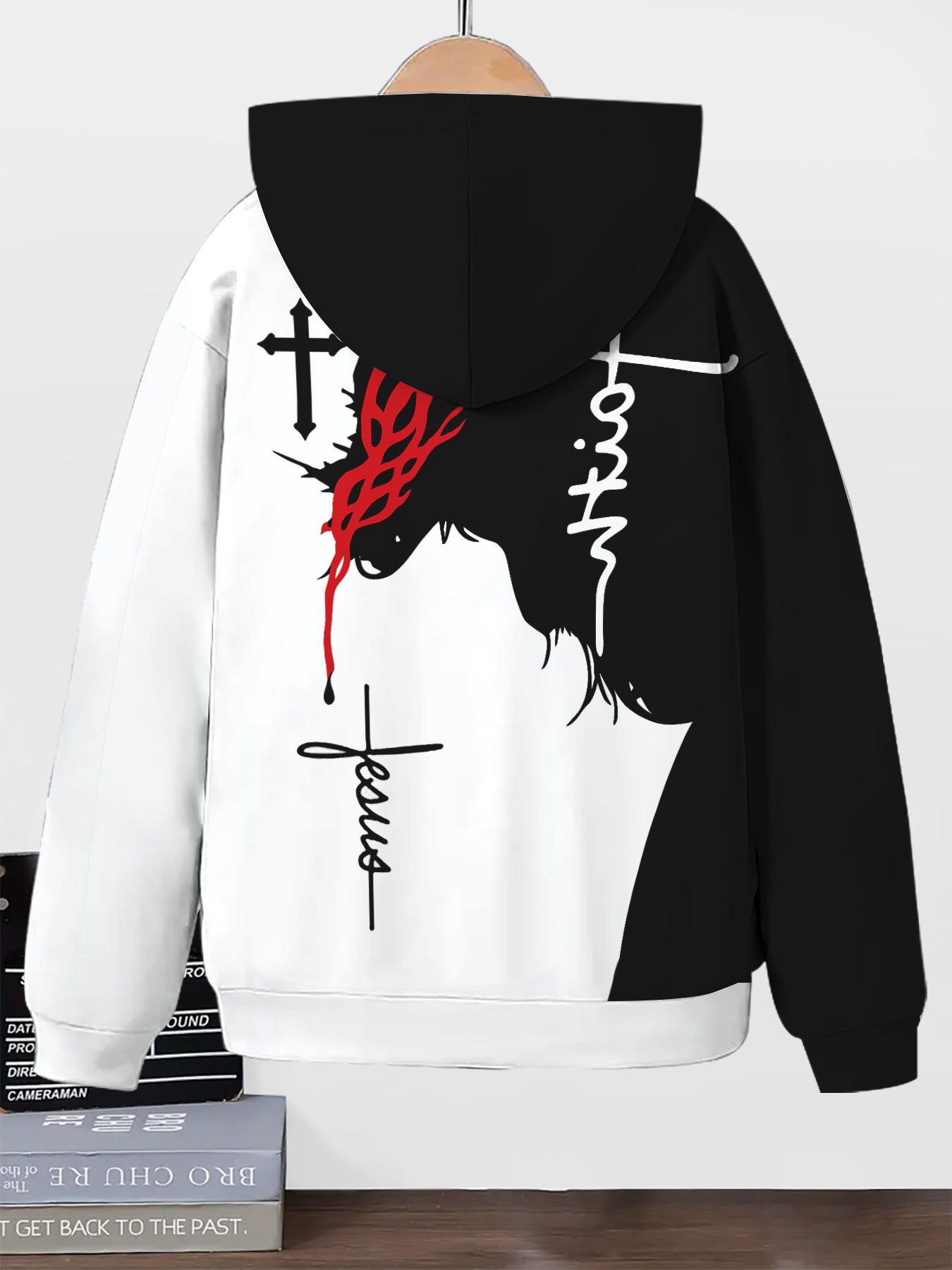 Guy & Dia Men'S Full-Zip Hooded Jacket - Black & White Color Block Zip-Up Coat with Religious Graphic (Jesus is Lord, Faith, Salvation) - Soft Polyester Streetwear Outerwear for Fall/Winter - Urban Chic Swe Coat for Casual Outfits & Religious Events