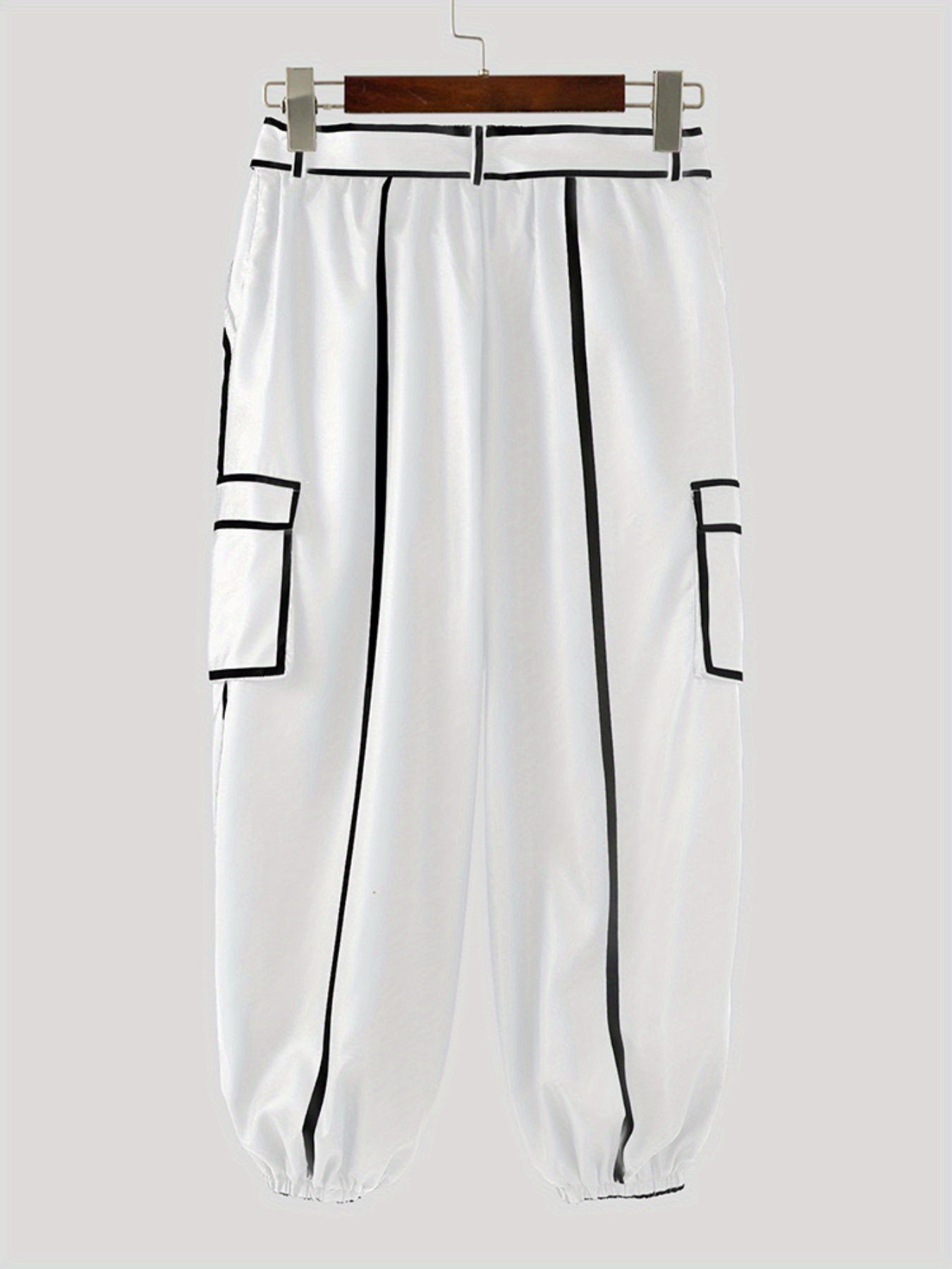 Guy & Dia INCERUN Men'S Streetwear Pants - Elastic Waist Lace-Up Baggy Trousers with Adjustable Drawstring, Lightweight Non-Stretch Fabric, White & Black Color Block Design for Urban Fashion, Concerts, Festivals - Casual Outfit Essentials, Concert Attire