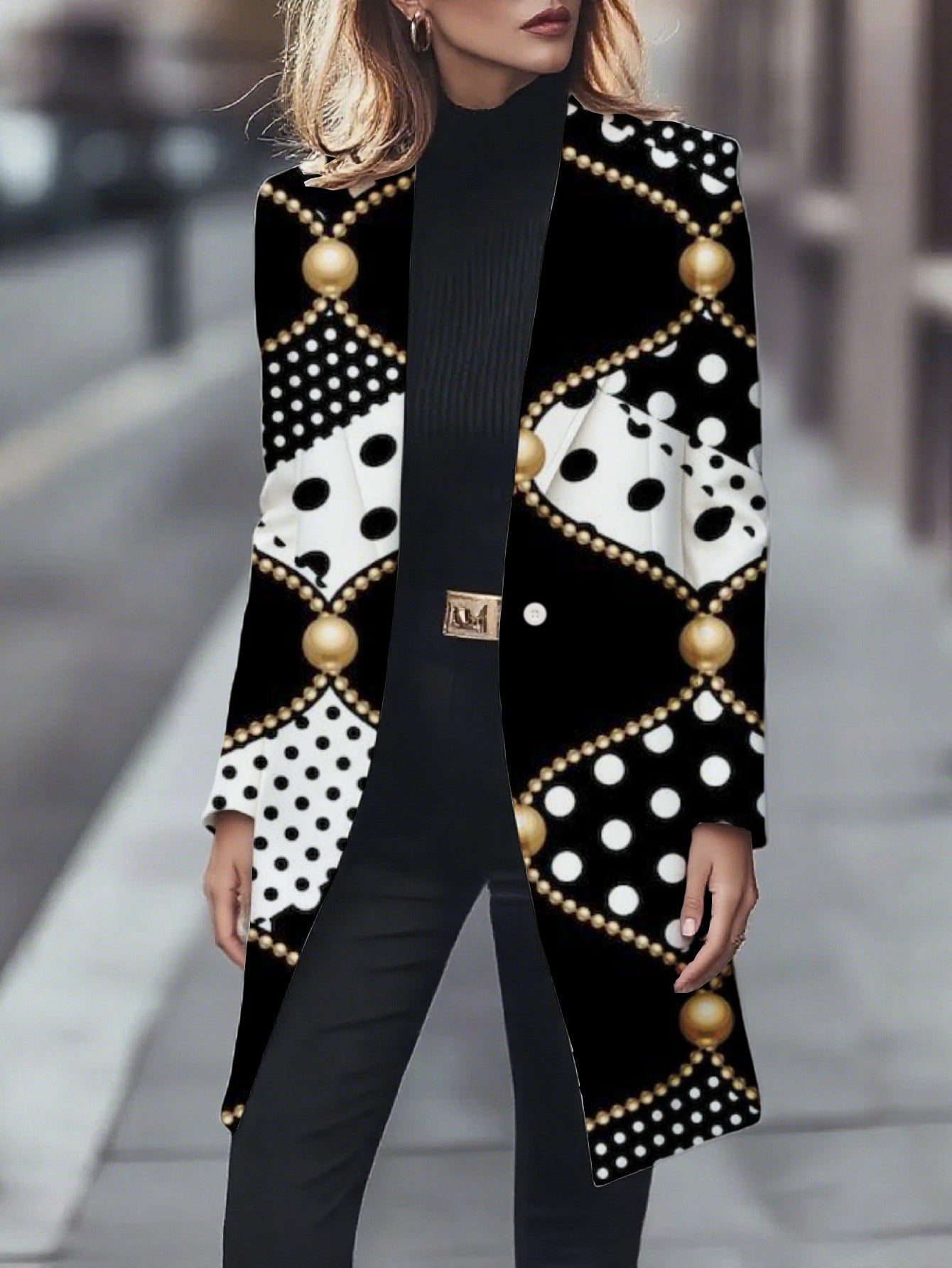 Guy & Dia Plus Size Women Blazer - Elegant Black and Gold Pattern Loose Fit Long Sleeve Single Button Closure Business Daily Outwear for Women (Office, Party, Casual Wear)