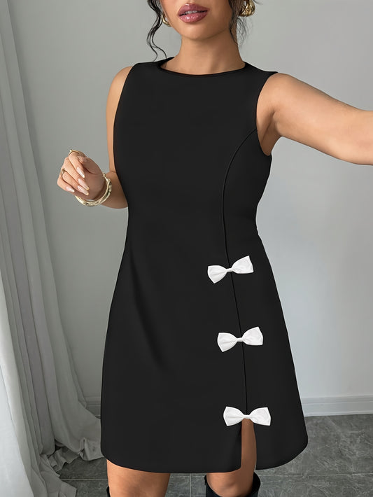 Guy & Dia Plus Size Women's Elegant Sleeveless Dress with Round Neck, Bow Embroidery, Side Slits, Invisible Zipper Closure - Perfect for any occasion!