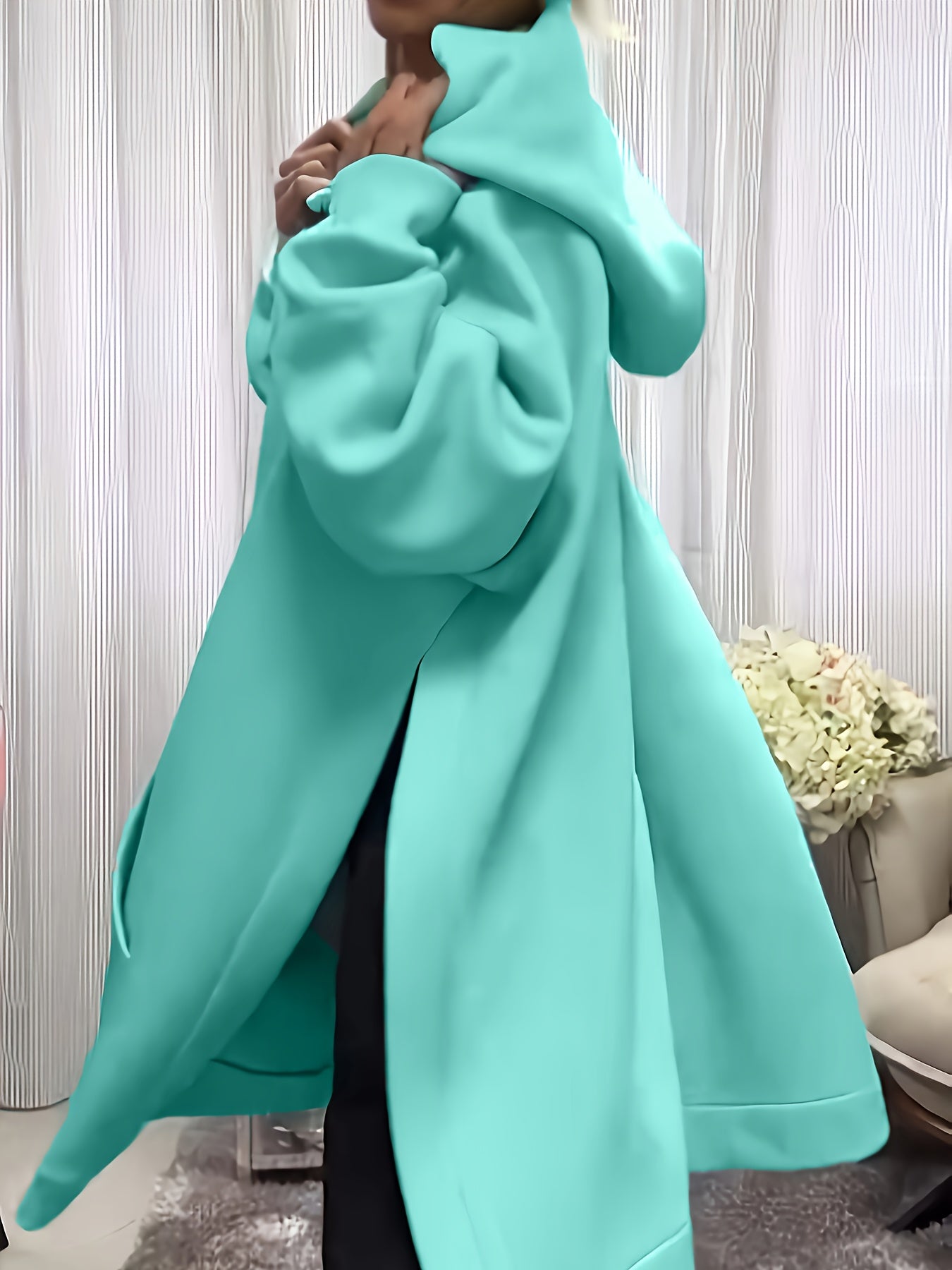 Guy & Dia Women's Turquoise Mint Green Hooded Oversized Sweatsuit - Elegant Long Sleeve Jumpsuit with Side Slit Hem, All-Season Casual to Formal Outfit, Machine Washable Mint Green Sweater Dress, Casual Attire, Lounge Outfit, Durable Construction, Soft