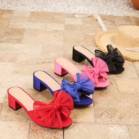 Guy & Dia Women's Comfortable Block Heel Sandals with Bow Detail | 2025 Summer Slip-On Open-Toe Mid-Heel Dress Shoes, Superfine Fiber Upper & Synthetic Cover Lining, TPU Sole for Casual & Formal Occasions, Chunky Heel Sandals, Formal Foo