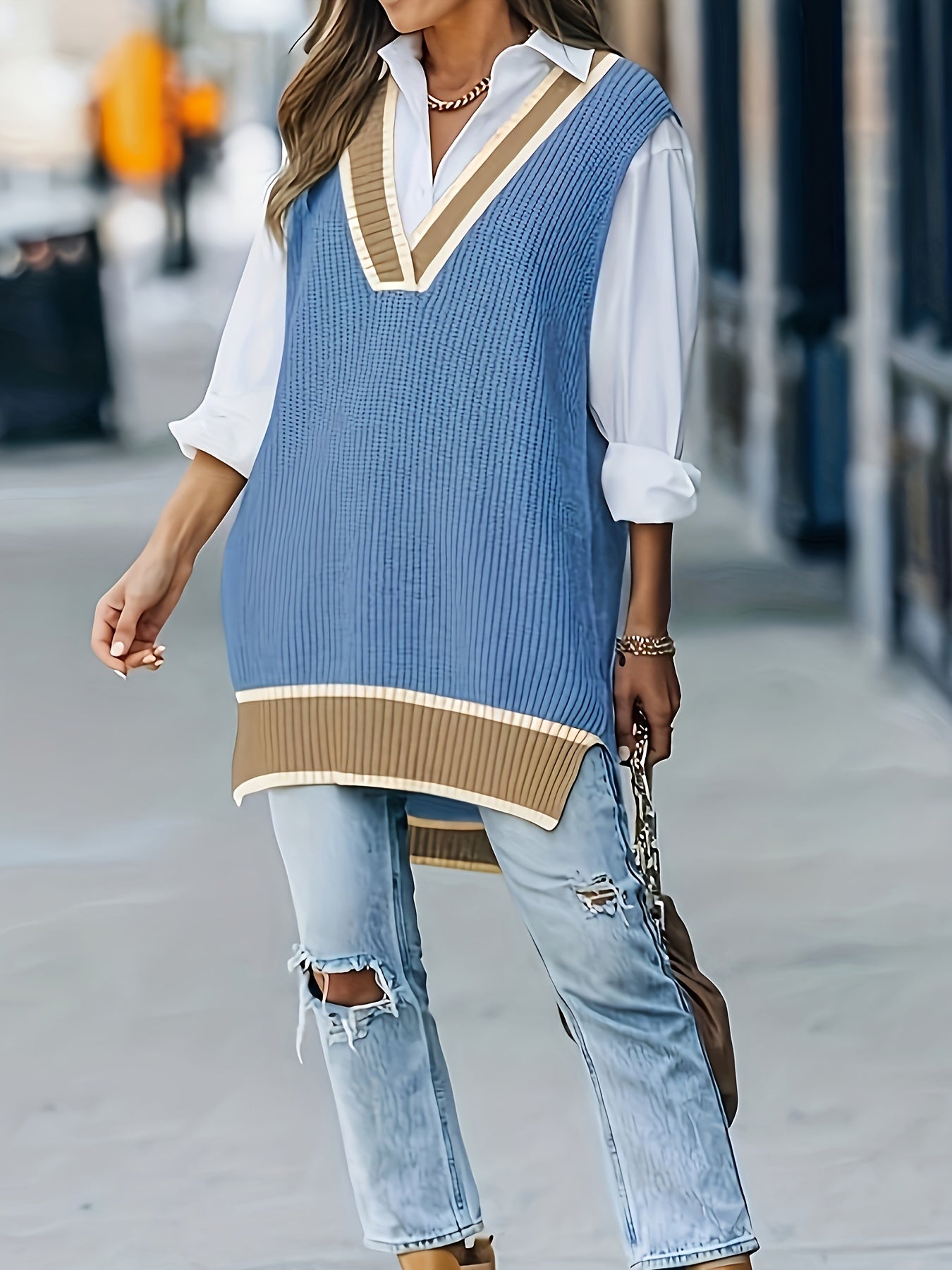 Guy & Dia Elegant Plus Size Women's Sweater Vest | Chic Office to Party Outfit, All-Season Layering Piece in Blue & Beige, Non-Transparent Sweater for Formal/Casual Events