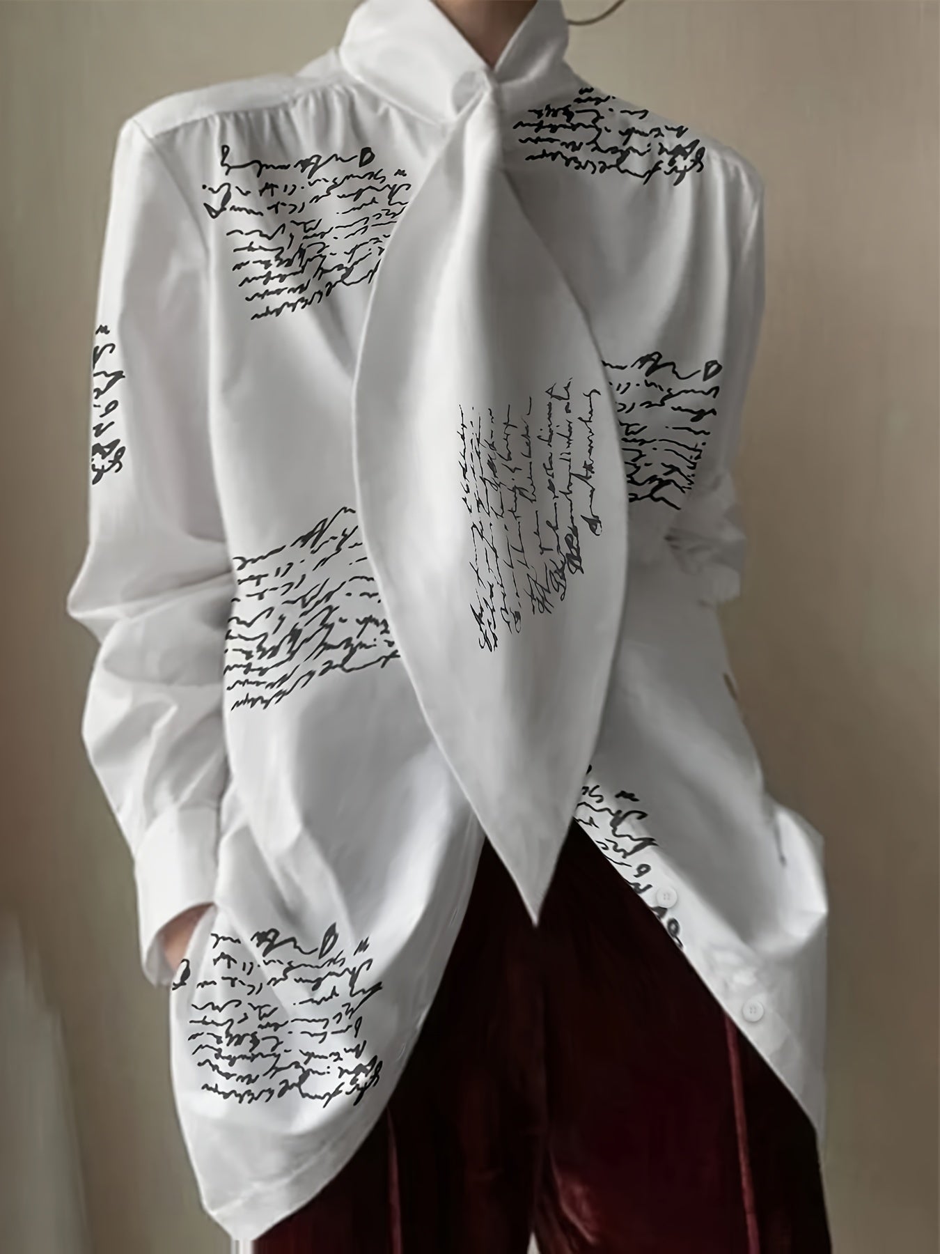 Guy & Dia Chic Polyester Long Sleeve Blouse for Women - Twist-Front, Stand Collar, Unique Letter Print - Perfect for Spring & Summer Fashion, Semiformal Attire